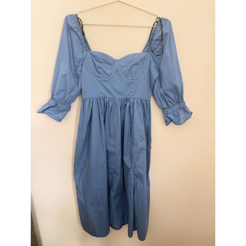 Forever 21 Blue Bustier Puff Sleeve Cotton Midi Dress Medium Sweetheart Neckline